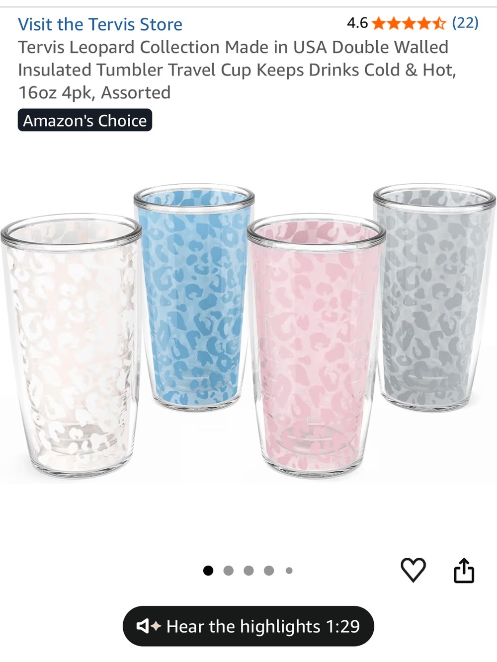 4 pack 16 oz Tervis Tumbler Travel Cup with lids - leopard collection